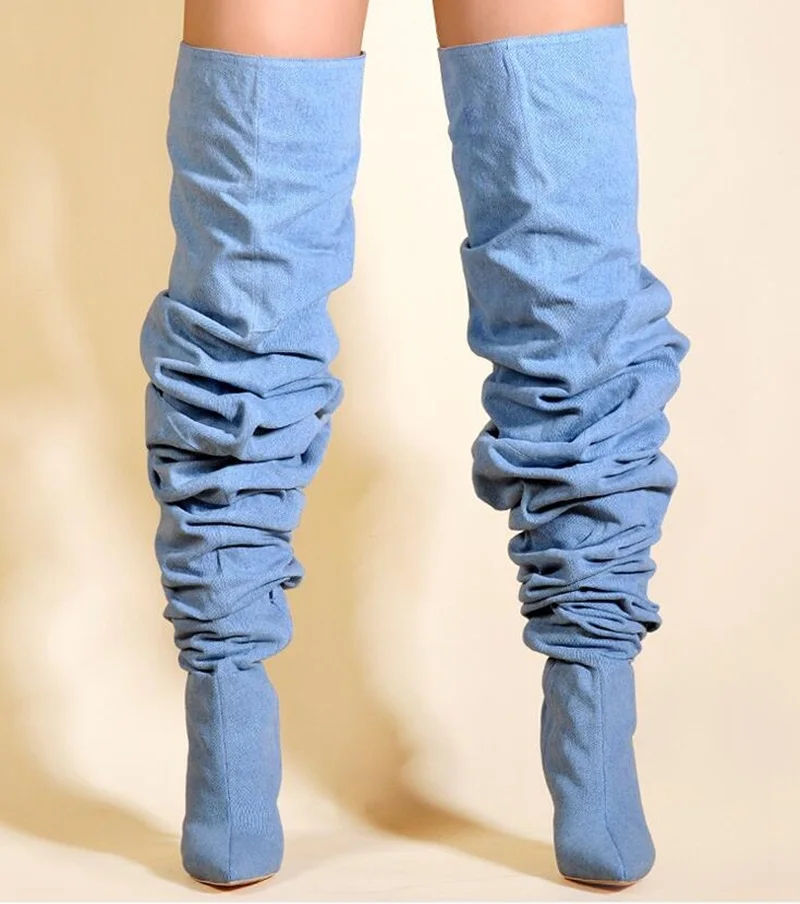 

Pleated Plaid ClothHigh Heel Long Boots Thin Heels Loosed Stretch Fabric Pointed Toe Thigh High Boots Big size45 Red Green Blue
