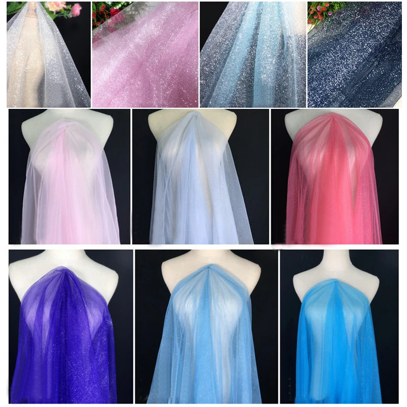 Mesh Tulle Sequins Fabric 2 Meters Glitter Powder Sparkling Gauze Wedding Dress Net Yarn Sewing Material 150cm 57