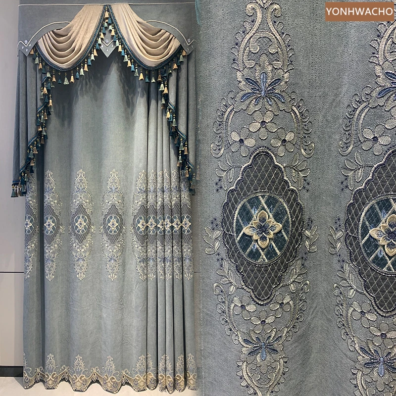 

Custom curtain Luxury gray European chenille water-soluble embroidery cloth blackout curtain valance tulle drape C821