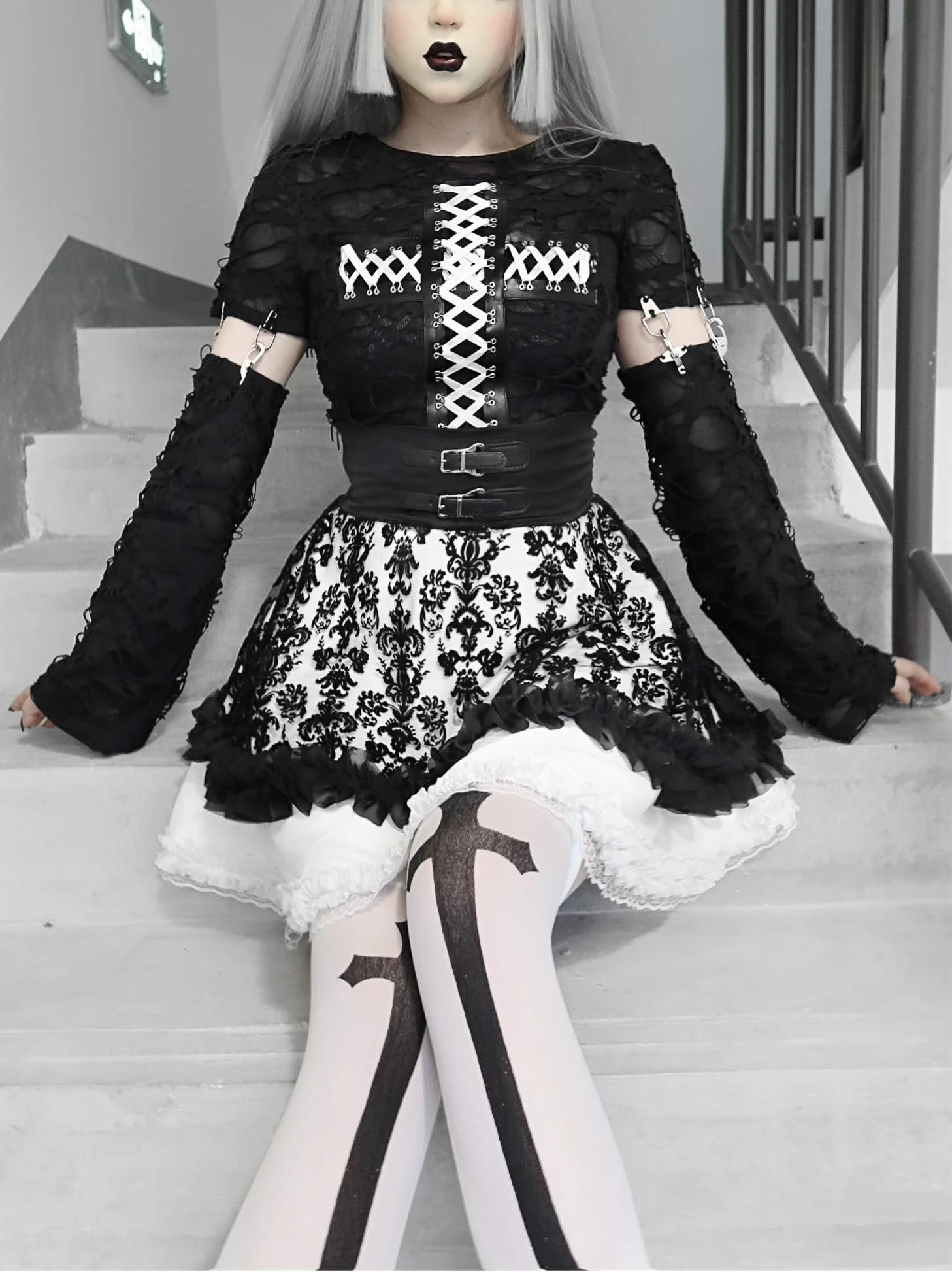 Original Design Gothic Black Cake Skirt Set Long Sleeve Hollow Out Cross Crop Top and Floral Lace Ball Gown Skirt Punk Women Set