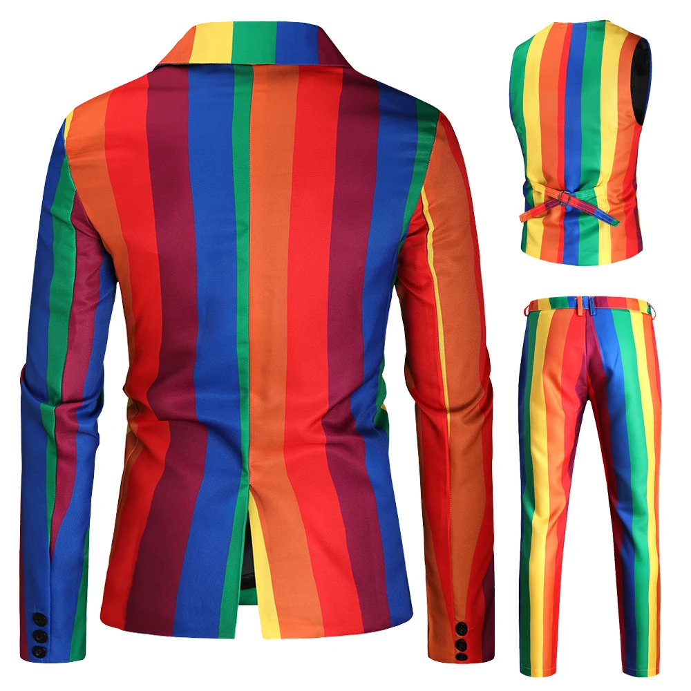 Blazer Set Men Rainbow Striped Print Blazer+Pants+Vest 3 Pieces Prom Suits For Men 2021 Costume Homme Party Blazer Masculino 4XL