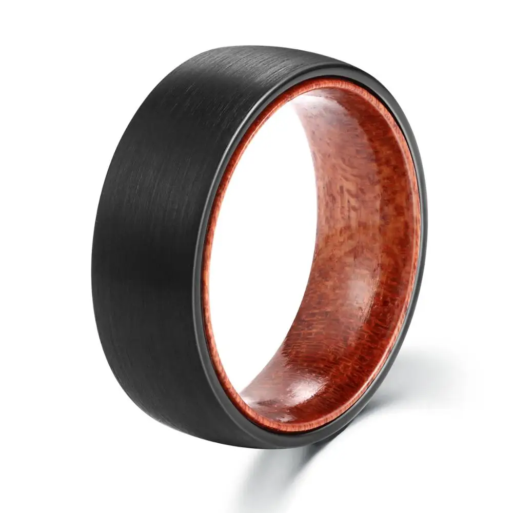 POYA TUNGSTEN Ring for Men 8mm Black Matte Finish Wedding Band Rosewood Liner Comfort Fit