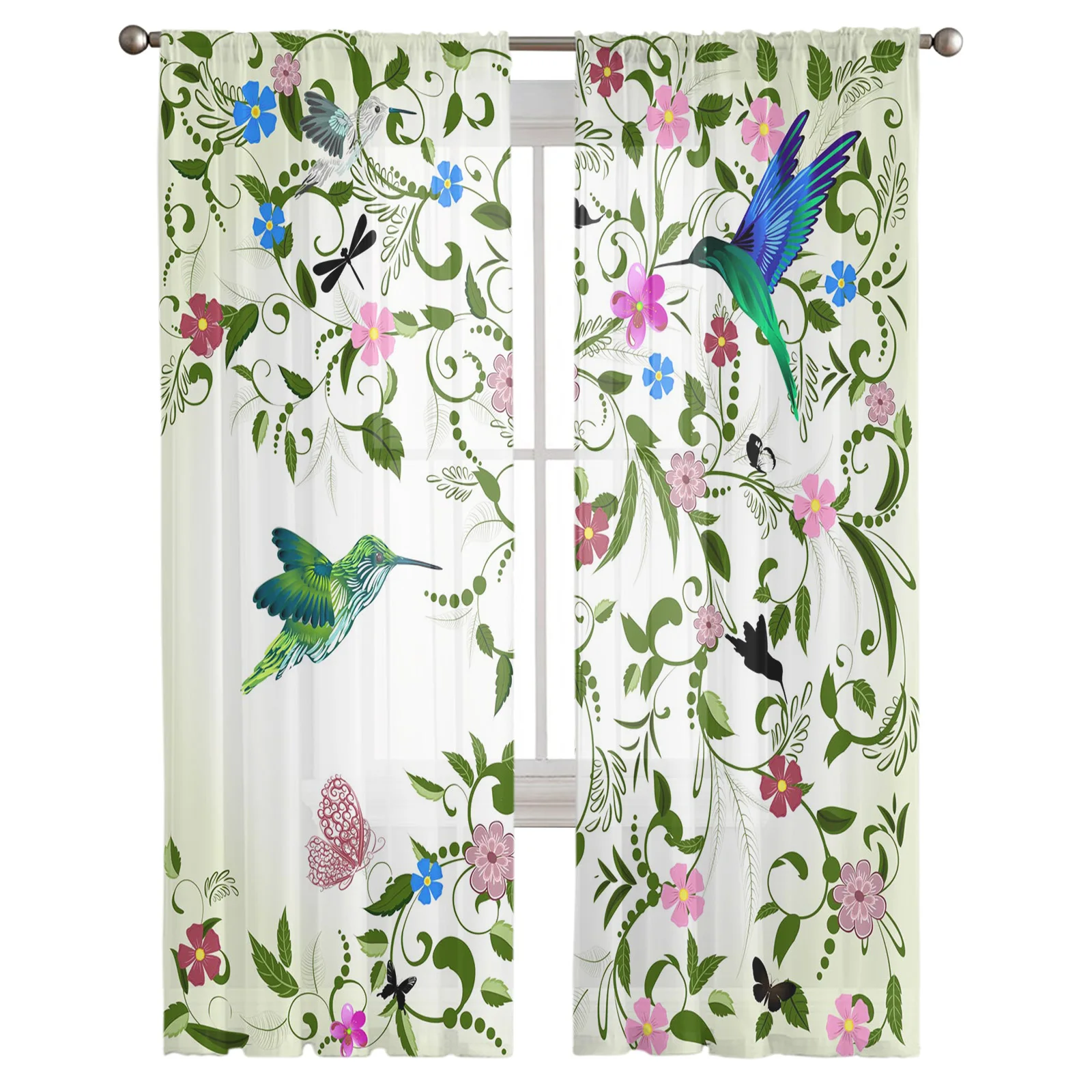 Plant Leaves Art Flower Hummingbird Tulle Window Treatment Sheer Curtains for Living Room the Bedroom Curtains Decoration