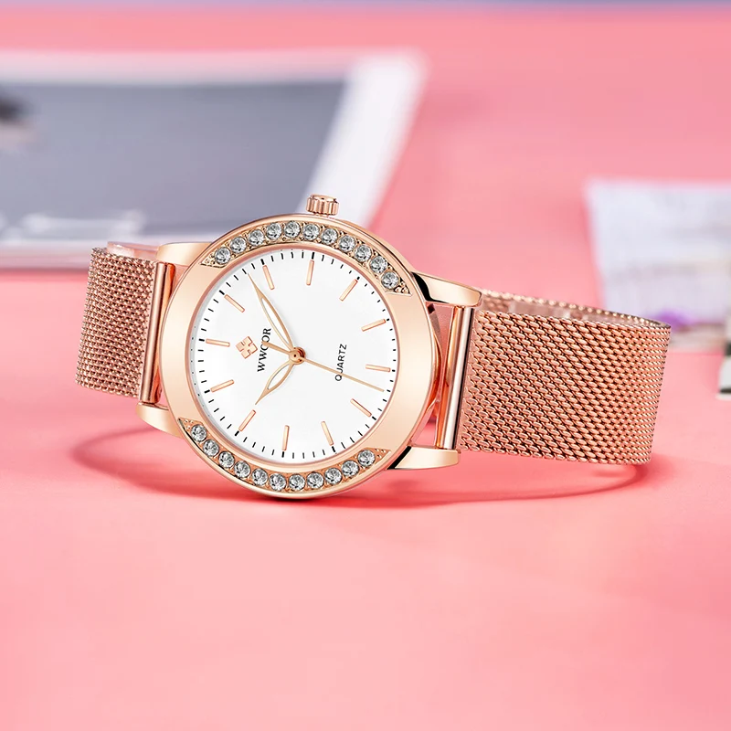 WWOOR-relojes de lujo de oro rosa para Mujer, a la moda Reloj de pulsera con diamantes, vestido informal, malla de acero