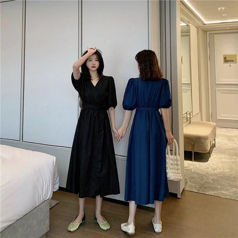 Women Short Sleeve Dress V-neck Solid High Waist Puff-sleeve Elegant Mid-calf Dresses Belt Design Female Ulzzang Chic Gentle Ins