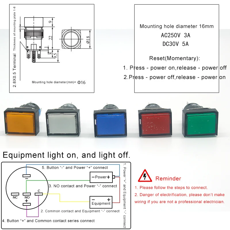 16mm Rectangular Power Push Button Switch With Lamp LA16-J-11D Self Reset Momentary Latching Fixed Lock 5 Pins LA16-J-11S