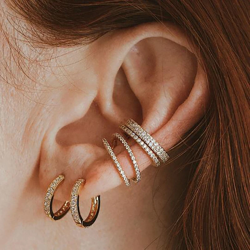 Big Gold Silver Filled Clip on Hoop Earring for Women Full CZ Zircon Circle Men Ear Cuff Earring Earcuffs Jewelry Wholesale