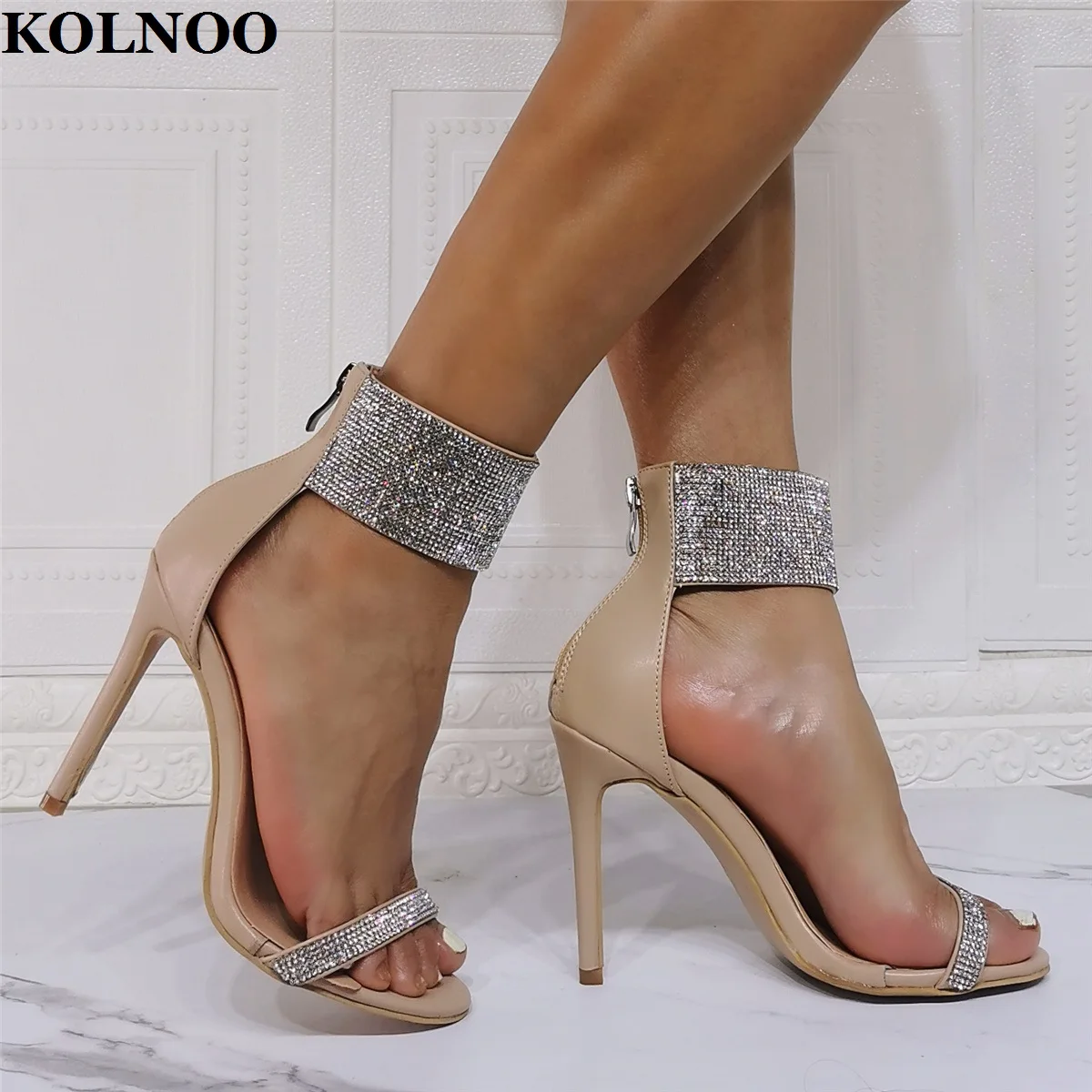 Kolnoo Handmade Real Photos Ladies High Heels Sandals Ankle Wrap Crystals Sexy Party Summer Shoes Evening Club Fashion Sandals