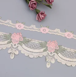 1 Yard Embroidery Pink Lace Fabric Sewing Trim Ribbon Boho Gypsy DIY Decoration For Dress Curtain