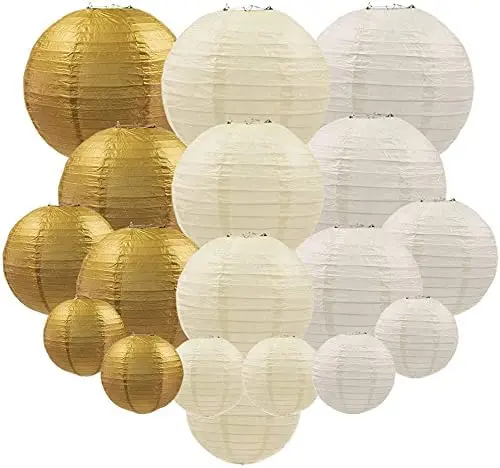 Lanternes Décoratives en Papier pour ix, Couleur Or, Blanc, Beige, Ronde, Japonaise/Alberoise, pour Mariage, Décoration d\'Extérieur, 18 Pièces