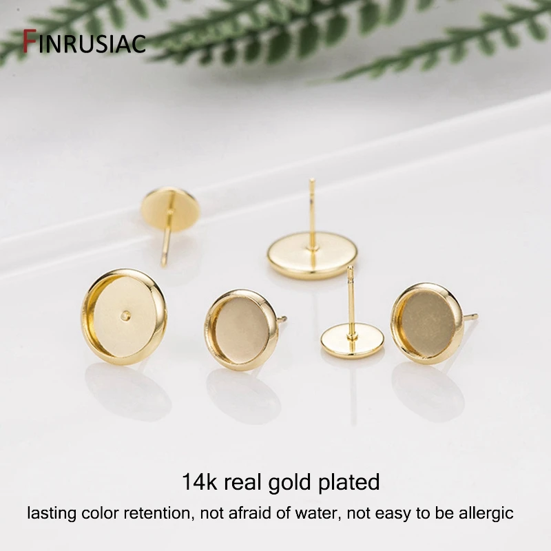 14k Gold Überzogene Ohrring Cabochon Basis Blank Post Ohrring Einstellungen DIY Schmuck, Die Entdeckungen Innere durchmesser 6mm 8mm 10mm 12mm