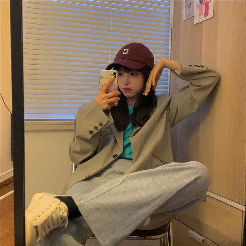 Blazers feminino all-match outono lazer estudante estilo coreano ulzzang bf sólido único breasted baggy street wear entalhado oversize