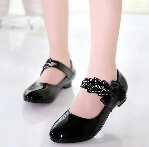 Princess Bow Rhinestone Children Shoes White Black Leather Shoes For Girls Zapatos Ninas Party Wedding Girls Heel Shoes