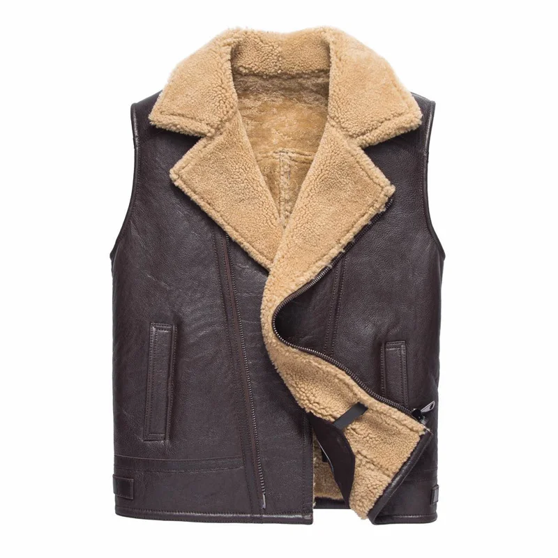 Winter Autumn Men Real Fur Sleeveless Jacket Luxury Biker Sheepskin Natural Leather Short Waistcoat Retro Hooded Vest Plus Size