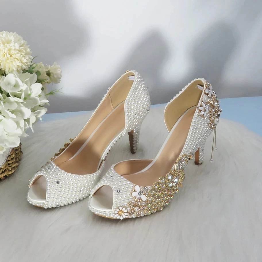 2024 Summer New Women Wedding Shoes Bride Handbag Set Open Toe Sandal and Bag White Pearl Party Dress Shoes Peacock 8cm Pumps