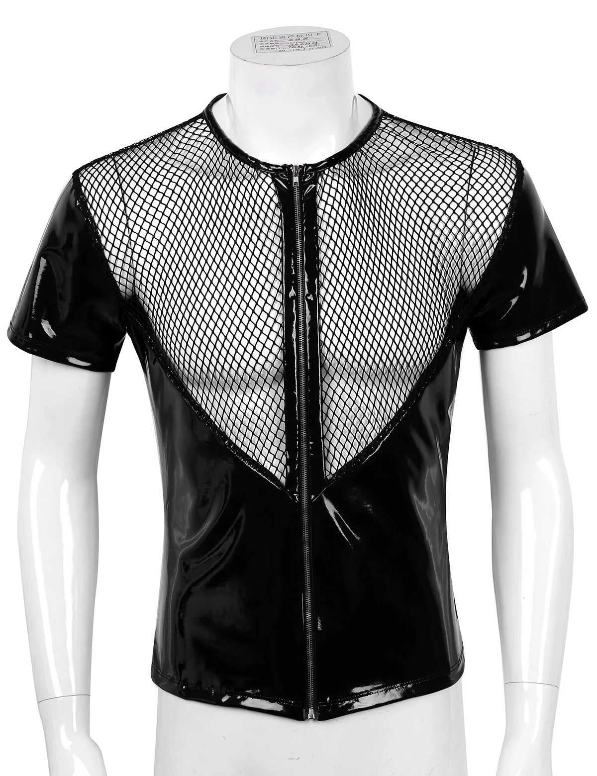 Mens Steampunk Zipper Jacket Faux Leather Splice Fishnet Muscle T-Shirts Shirt Short Sleeve Undershirts Tops Party Clubwear