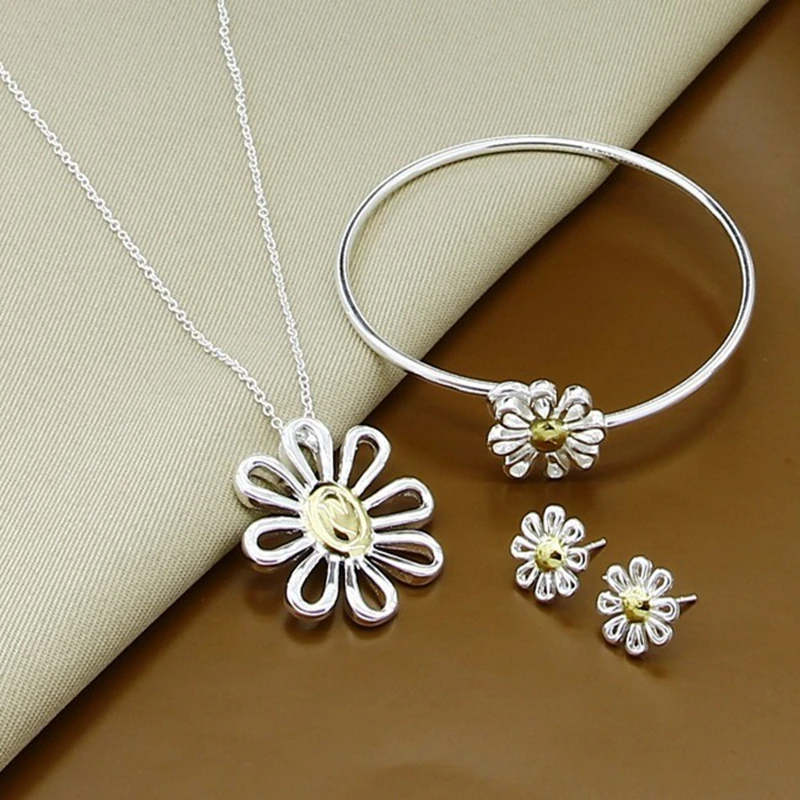 New Style 925 Silver Color Necklace Earrings Bracelet Flower Charm Fashion Silver Necklace Bracelet Earrings Jewelry For Women