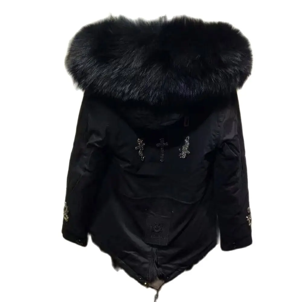 Hottest Black FOX Fur Lining Short Fur Parka For Ladies Winter Wear, Black Shell Real Fur Down Jacket MR MRS