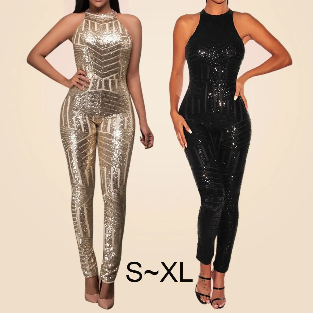 

Women Sequin Off Shoulder Jumpsuit O-Neck Sleeveless Casual Jumpsuits Rompers Sexy Clubwear Black Champagne Party Playsuits