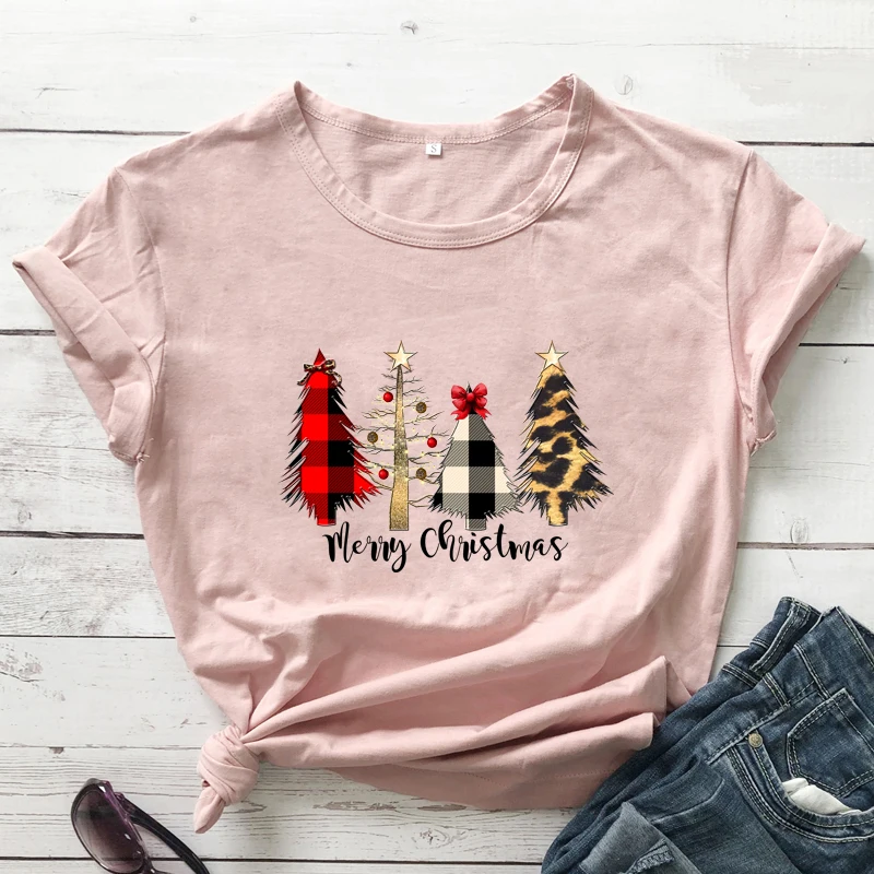 Colored Buffalo Plaid And Leopard Merry Christmas Trees T-shirt Vintage Women Winter Holiday Gift Top Tshirt