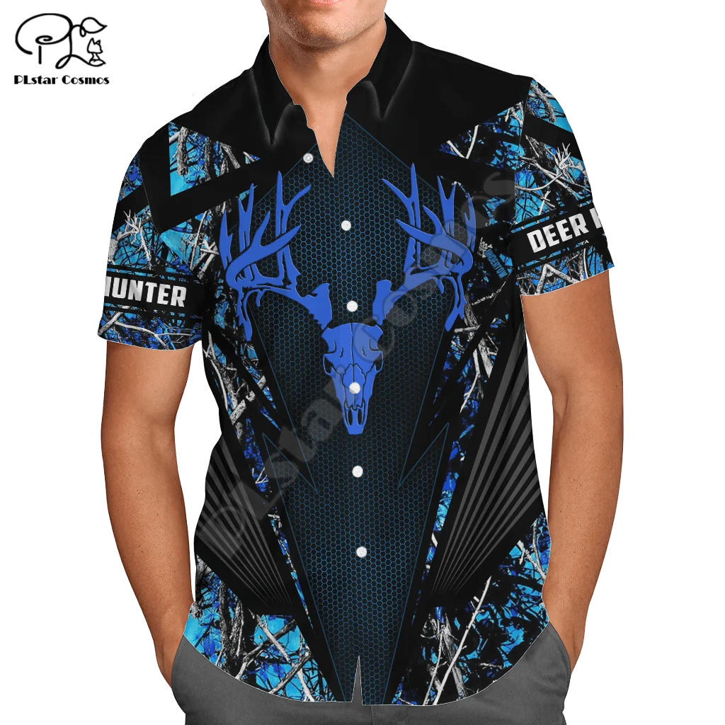 PLstar Cosmos Camo Deer Hunting Animal Hunter Hawaiian Beach Shirts 3DPrint Summer Funny Collar Shirt Short Sleeves Casual A1