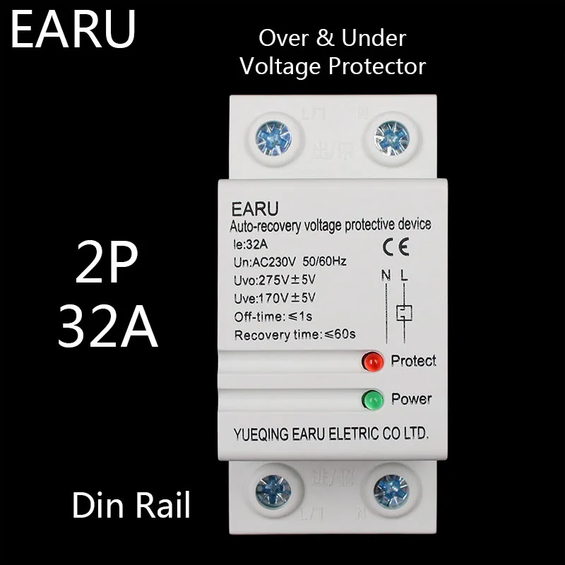 1 pc 32A 220V Din Rail Self Recovery Automatic Reconnect Over & Under Voltage Protector Lightening Protection Protective Relay