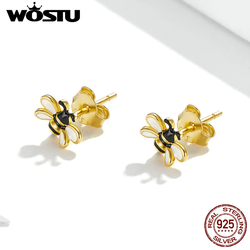 WOSTU 925 Sterling Silver Small Bee Earrings Simple  Cute Insect studs Earrings For Women Fashion Silver Jewelry CQE1182