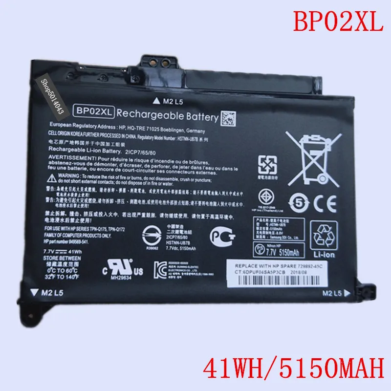 

New Original Laptop Li-ion Battery BP02XL for HP 15-AU156TX 15-AU162TX series TPN-Q172 Q175 7.7V 41WH 5150MAH 2 cells