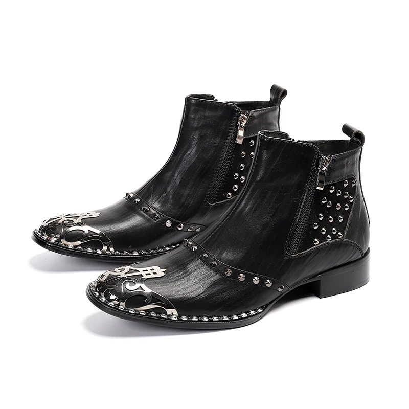 

Men Boots Studded Genuine Leather Black Pointed Toe Fashion Classic Business Office Formal Ankle Boots Men Shoes Male Rivets