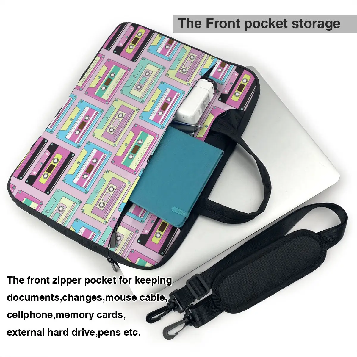 Cute Cassettes Seamless Pattern Laptop Bag Case Protective Vintage Computer Bag Bicycle Crossbody Laptop Pouch