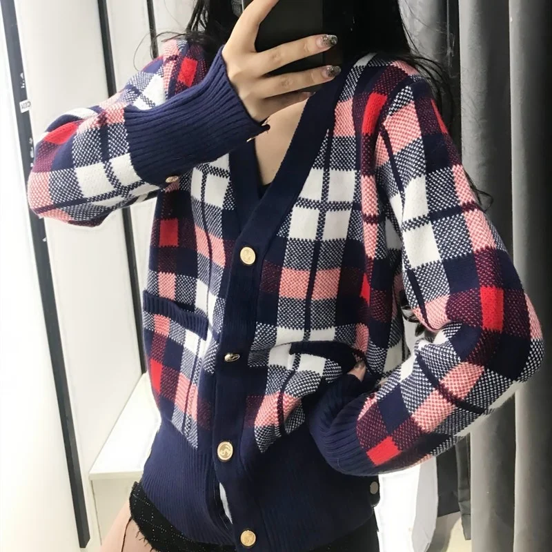 Preppy Autumn Style Women Knitting Lattice Cardigans Slim Fit V Neck Single Breasted Sweater Jacket Retro Ladies Casual Sweaters