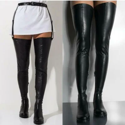 Trendy Women Shoes Black Thigh High Boots Elastic Belt women\'s boots Black Sexy Long Boots Women Over Knee Boots Leather Botas