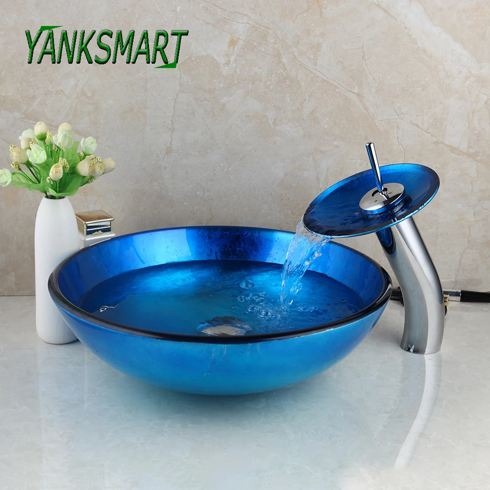 

YANKSMART New Waterfall Blue Hand Paint Bowl Sinks / Vessel Basins Washbasin Tempered Glass Basin Sink Faucet Tap Set