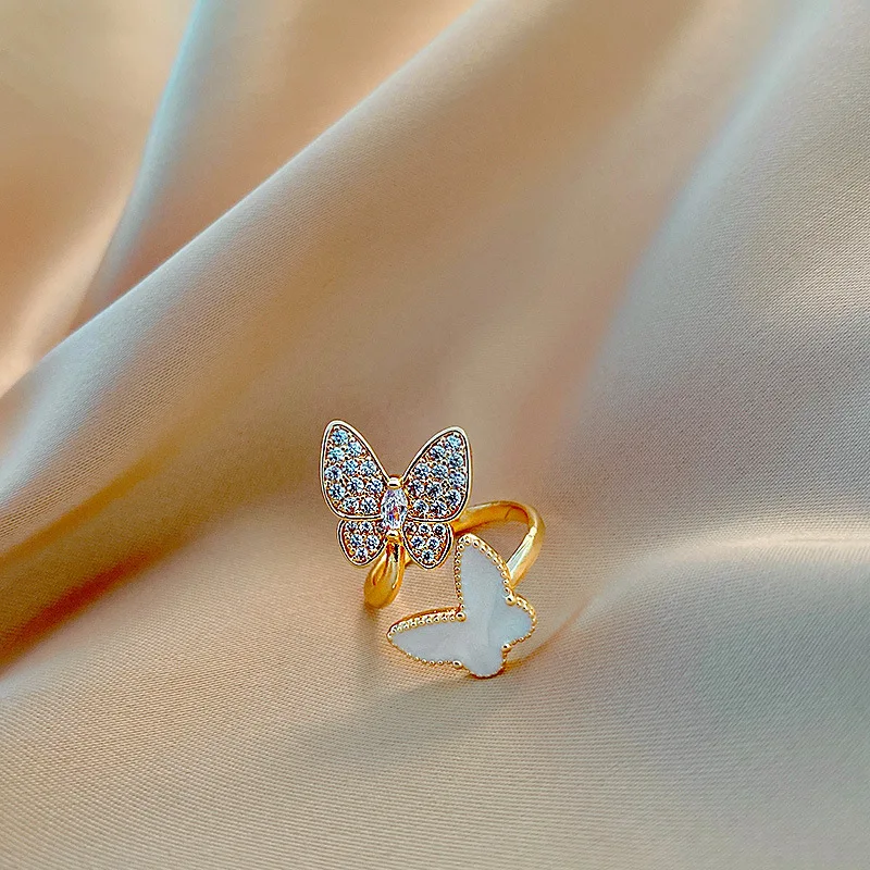 Double Butterfly Rings for Women Opening Adjustable Index Finger Ring Rhinestone Ring Luxury Jewelry Temperament Accessories