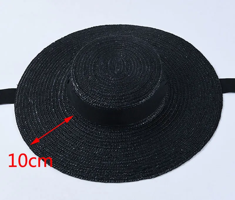 New Wide Brim Sun Hats 15cm Brim Boater Straw Hat Flat Women Summer Derby Chapeau Hat White Black Ribbon Tie Sunscreen Beach Cap