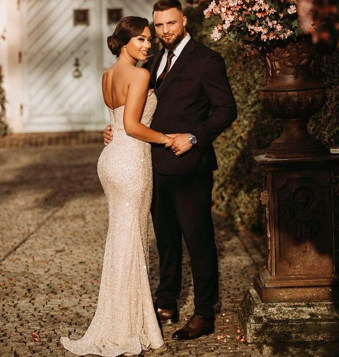 Robe De soirée De forme sirène, sans bretelles, Champagne, paillettes, Sexy, fente latérale haute, élégante, modèle 2023