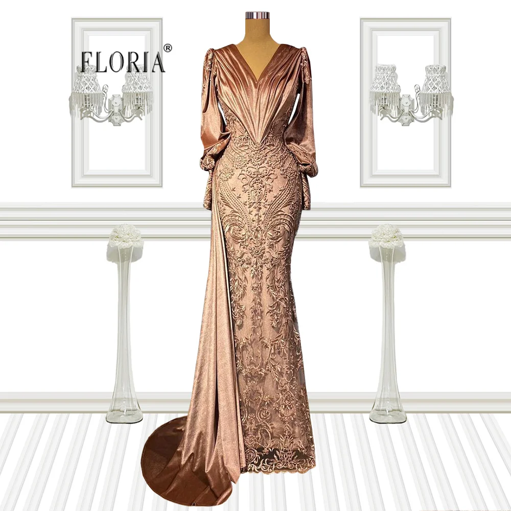 Floria Lichtbruin Lange Mouwen Mermaid Avondjurk 2022 Vrouwen V-hals Lace Kralen Lange Prom Gown Vestido De Noche plus Size