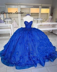 Royal Blue 3D Flowers Ball Gown Quinceanera Dresses Formal Prom Graduation Gowns Lace Up Sweet 15 Dress vestidos de 15 años