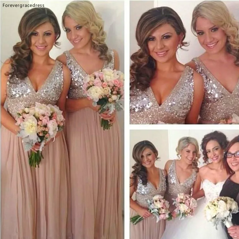 Sequins Chiffon V Neck Long Bridesmaid Dress Sparkly A Line Maternity Formal Maid of Honor Gown Plus Size Custom Made