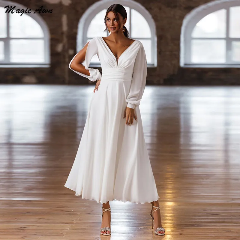 

Magic Awn Simple Chiffon Boho Wedding Dresses Long Sleeves V-Neck A-Line Ankle Length Wedding Party Gowns Cheap Robe De Mariée