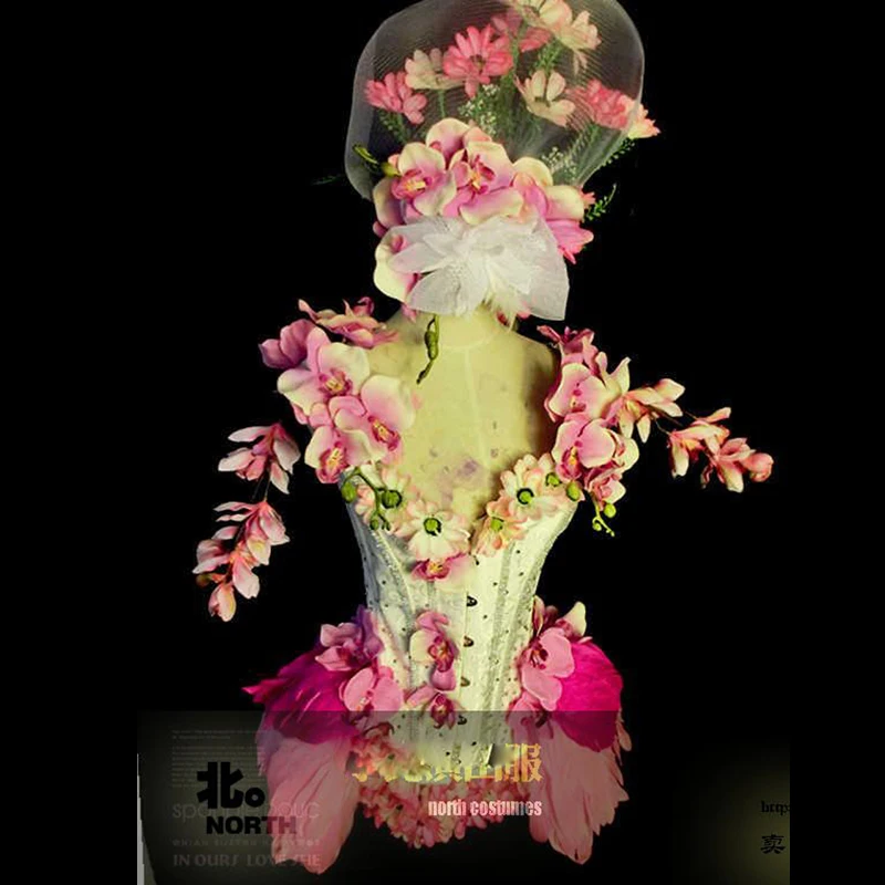 Siamese singer DJ guest Party stage show costume Paradise bar cosplay costumes flowers and birds pink suit