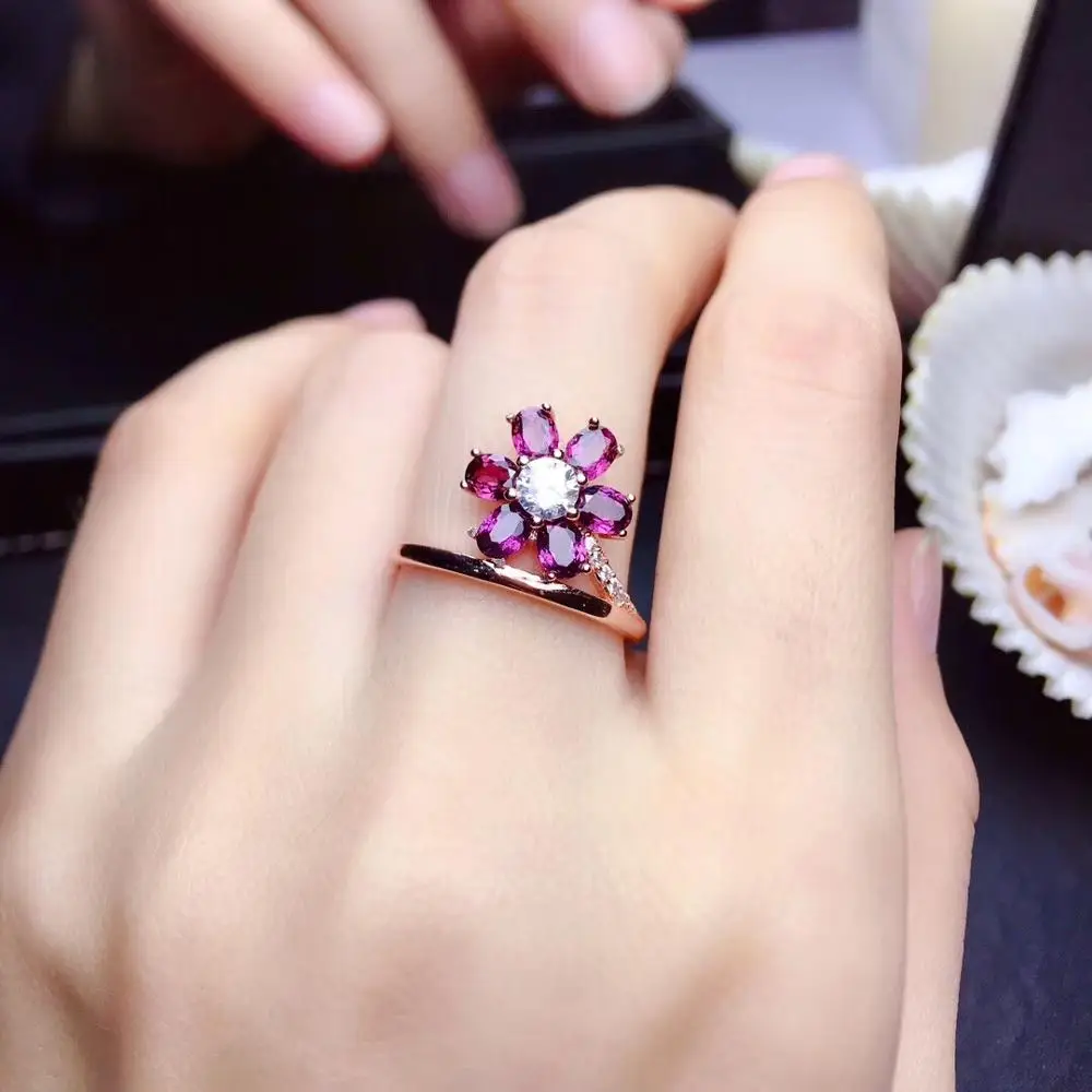 Natural And Real Flower Garnet finger ring Free shipping Natural real garnet 925 sterling silver Ring