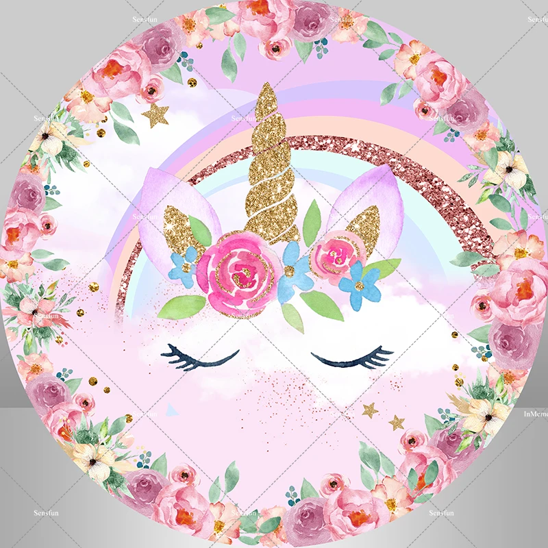 Unicorn Star Flowers Customized Name Round Circle Backgrounds Rainbow Arch Backdrops for Baby Birthday Party Banner Photo Studio