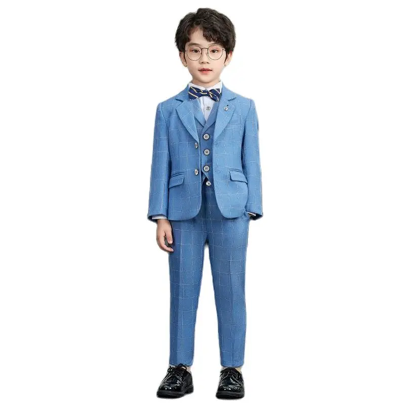 

2021 Flower Boys Wedding Suit England Style Formal Plaid Tuxedo Suit Kids Blazer Party Photography Set Performance Dress Costume