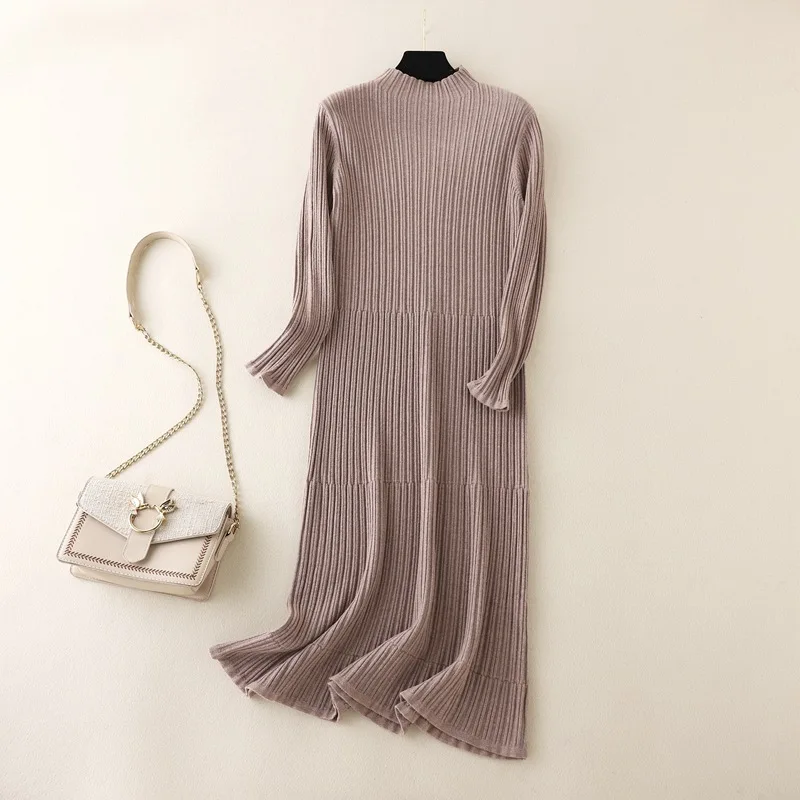 HLBCBG oversize thick long sweater dress women Half-high autumn winter straight sweater dress female casual loose knit dress