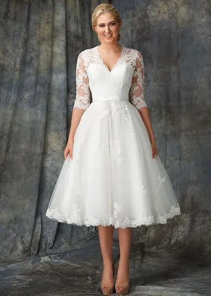 Abiti da sposa corti 2022 lunghezza del tè abito da sposa scollo a v mezze maniche Robe De Mariée Vestido De Novia a-line abiti eleganti Wed