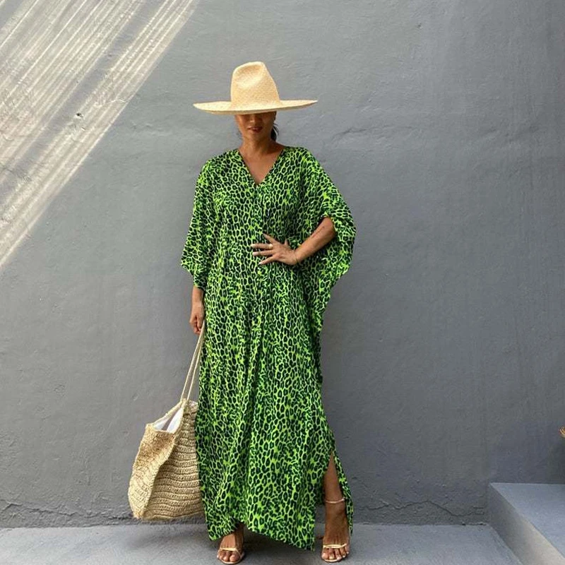 Green Leopard Print Women\'s Dress Comfy Lounge Wild Animal Camouflage Color Kaftan Airy Gown Chic Summer Long Tunic Resortwear