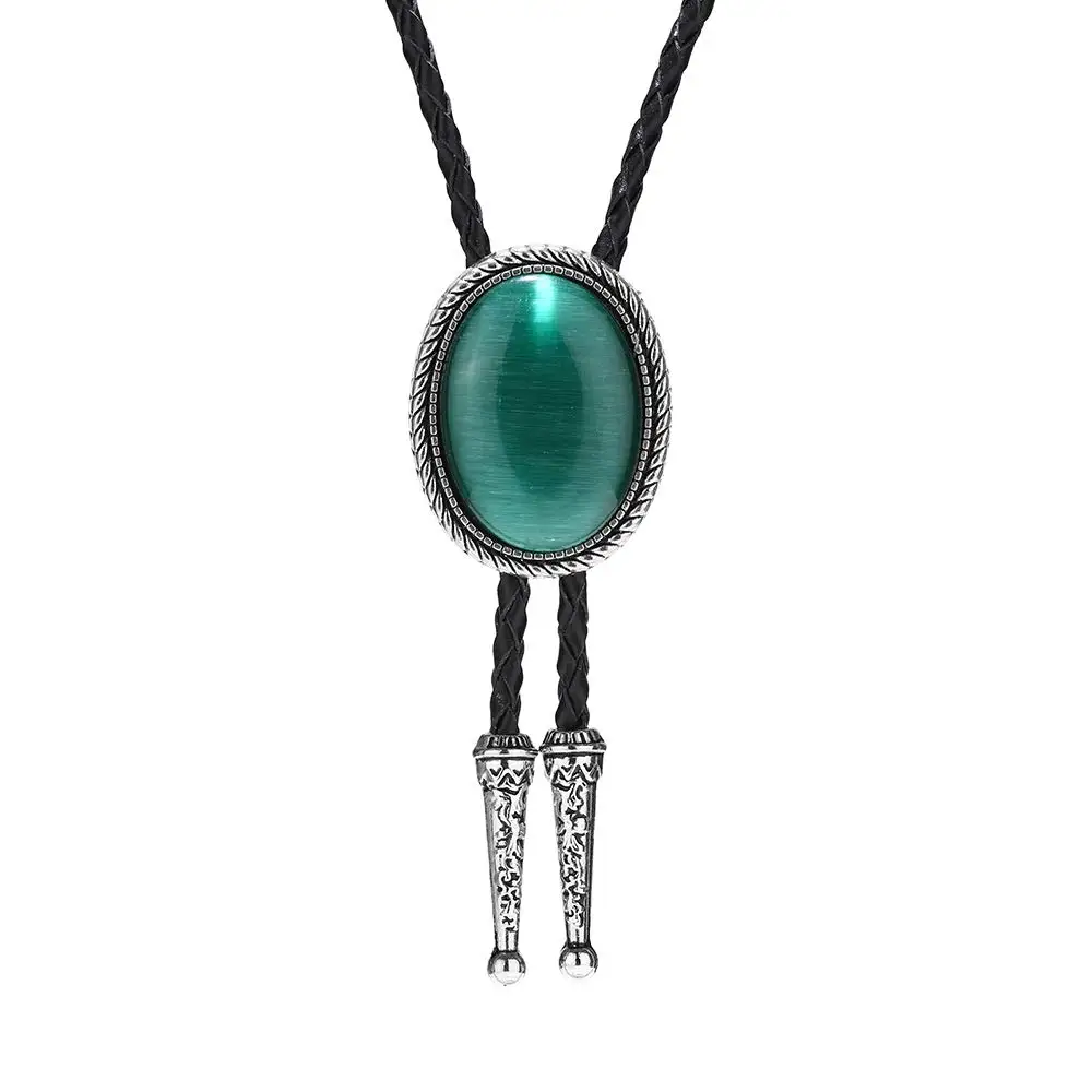 Naturel stone Green cat eye bolo tie for man Indian cowboy western cowgirl leather rope zinc alloy necktie