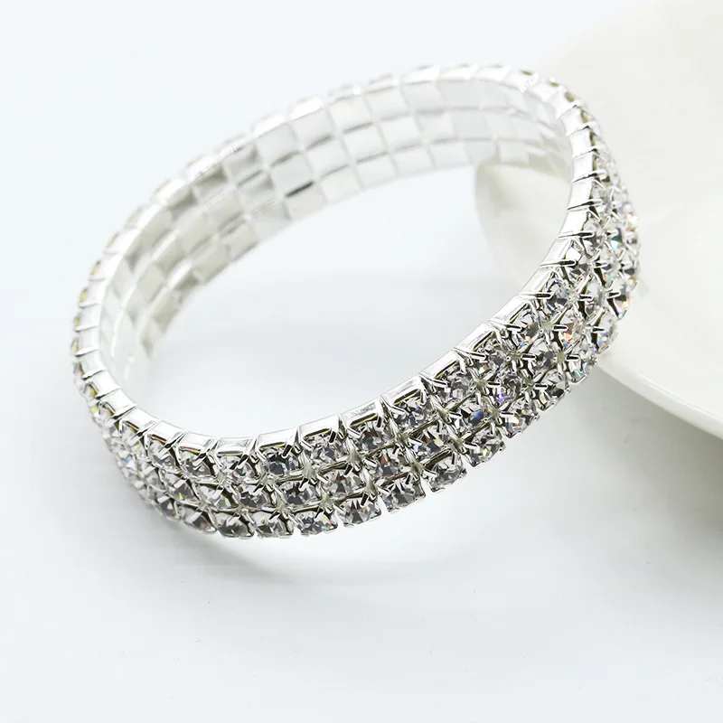 Sparkling Silver Color Crystal Bracelets For Women 3 Rows Rhinestone Stretchy Bracelets Bangles Female Wedding Prom Jewelry