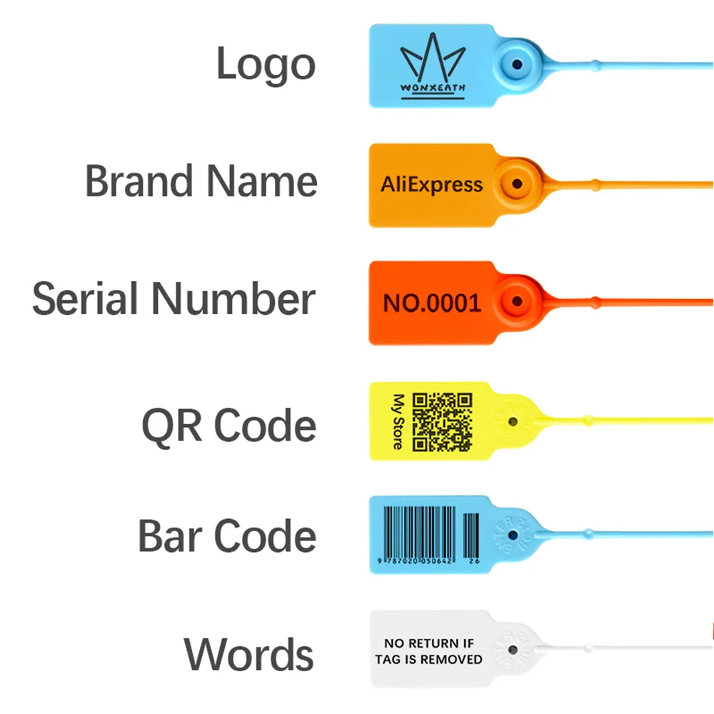 100 szt. Etykieta własne Logo jednorazowa z tworzywa sztucznego spersonalizowana pieczęć zabezpieczająca marka metki etykieta dla odzież i obuwie